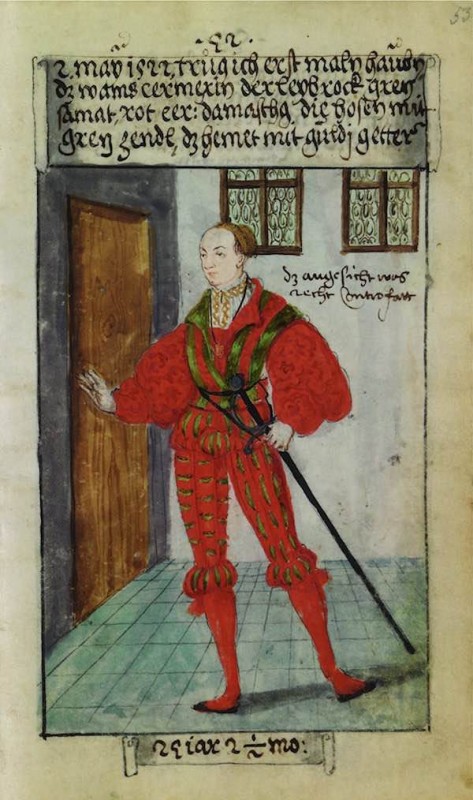 Matthäus Schwarz Aged 20 years, 2 and 1/2 months - On 2nd May 1522, I wore a thread caul for the first time. The jerkin was scarlet red, the doublet green velvet (and) scarlet red damask; the hose, green taffeta; the shirt with golden bands - © The Herzog Anton Ulrich Museum, Braunschweig