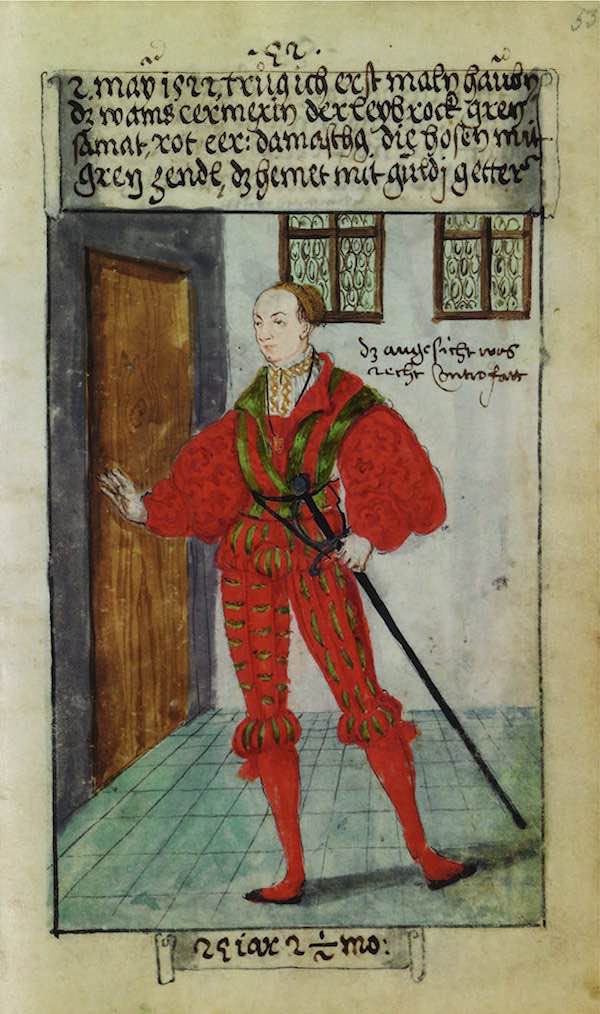 Matthäus Schwarz Aged 24 years, 2 and 1/2 months - On 2nd May 1522, I wore a thread caul for the first time. The jerkin was scarlet red, the doublet green velvet (and) scarlet red damask; the hose, green taffeta; the shirt with golden bands - © The Herzog Anton Ulrich Museum, Braunschweig