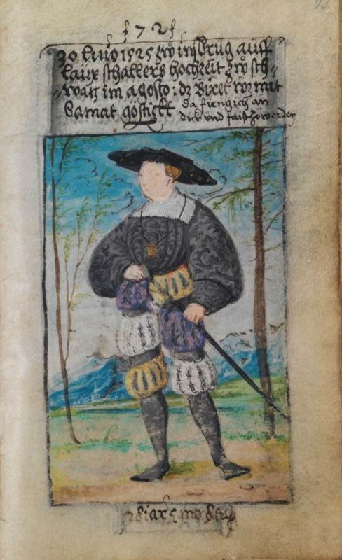 Matthäus Schwarz Aged 28 - 30th July, 1525, in Innsbruck, at Laux Schaller’s wedding in Schwaz in August. The bonnet embroidered with velvet. This is when I began to be fat and round. - © The Herzog Anton Ulrich Museum, Braunschweig